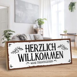ARTFAVES® Wooden Sign with Saying "Herzlich Welcome" Shabby Chic Vintage Sign Decorative Gift for Family Home Size: 28 x 10 cm