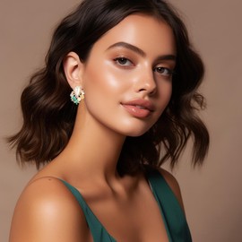 Green Rhinestone Pearl Drop Earrings Faux Pearl Statement Stud Earrings Crystal Wedding Prom Earrings for Women