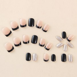 Black French Press on Nails Short Square Fake Nails with Sparkling Light Design False Nails Acrylic Nails Full Cover Glue on Nails Reusable Stick on Nails Designs for Women 24 Pcs