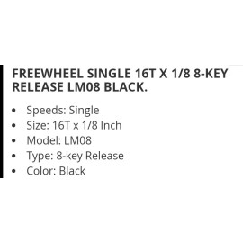Unbranded FREEWHEEL REAR GEAR 16T X 1/8 8 KEY RELEASE ON BICYCLE RIM, BLACK,BMX, CRUISERS