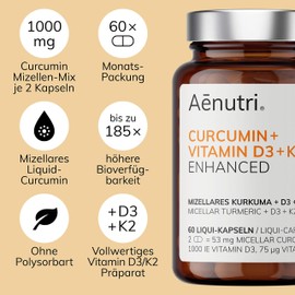 Curcumin Plus High Dose | Liquid Turmeric in Micellar Formula | No Polysorbate, No Piperine | Liquid with Vitamin D3 + K2 | Laboratory Tested Quality from Germany | 60 Capsules