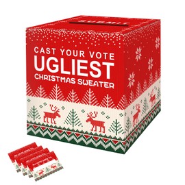 QIKSION Ugly Sweater Contest Ballot Box, Voting Cards Box Set with 50 Voting Cards Sweater Contest Ballot Box for Christmas Games Party Decorations