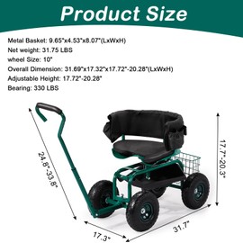 Garden Cart,Outdoor Rolling Garden Scooter with 4 Wheels & Adjustable 360 Degree Swivel Seat,Tool Tray & Storage Basket,Extendable Handle,Yard Gardening Work Seat for Patio Lawn Garden Yard (Green)