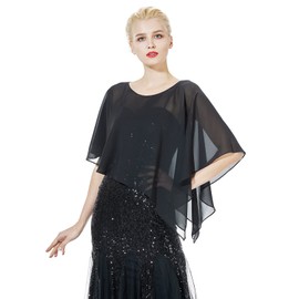 BEAUTELICATE Asymmetrical Capelets Chiffon Capes Wedding Bridal Shawls Wraps For Women Evening Dress, Black, One Size