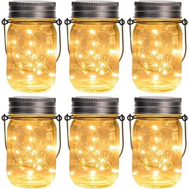 GIGALUMI Hanging Mason Jar Solar Lights, 6 Pack 30 Led Hanging Solar Lanterns Outdoor Waterproof, Hangers and Jars Included, Outdoor Decor for Balcony, Garden, Patio, Yard, Wedding