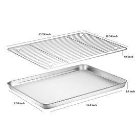 Deedro Baking Sheet with Rack Set [2 Sheets + 2 Racks], Stainless Steel Cookie Half Sheets Baking Pan Oven Tray with Cooling Rack, 16 x 12 x 1 Inch, Heavy Duty, Non-toxic, Easy Clean