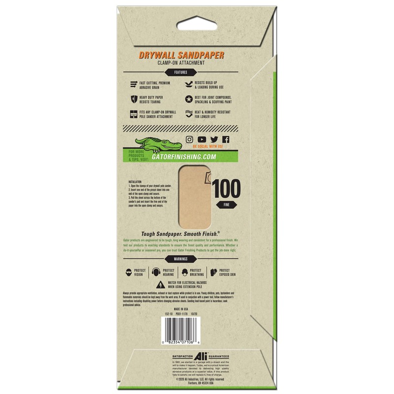 Gator 7106 Fine 100-Grit Drywall Sheet Sandpaper, 4.25 x 11.25