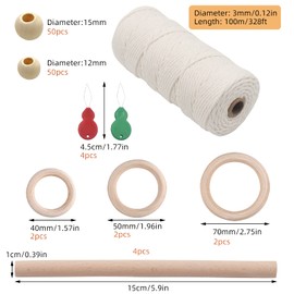 Macrame Kit WorthPlanet 115Pcs Macrame Cotton Cord 3mm 109 Yards Macrame Supplies Starter Kit with Wood Beads Wood Ring Wooden Sticks Needle Threader for Crafts Plant Hangers W200022