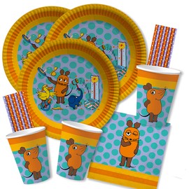 dh-konzept/spielum 68-Piece Party Set - The Mouse - Plates Cups Napkins Straws for 16 Children