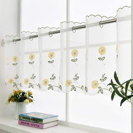 choicehot Yellow Sunflower Valance 45cm Drop, Kitchen Curtain Cafe Short Net Romantic Embroidered Curtains White Voile with Flower Decor for Balcony, Bedroom, Living Room, 45 x 180 cm / 70"x 17"