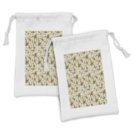 Ambesonne Beige Fabric Pouch Set of 2, Wild Distressed Lilies Floral Background Blooming Petals Bouquet Nature Theme, Small Drawstring Bag for Toiletries Masks and Favors, 9" x 6", White Yellow Beige