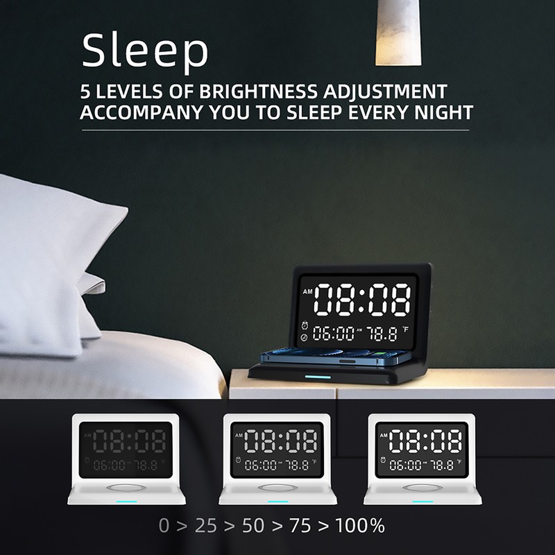 Multifunctional Digital Mirror Clock 15W Wireless Charging Alarm Clock with