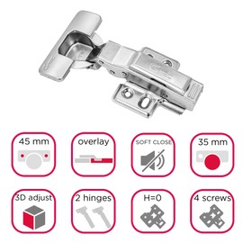 Stolmet Furniture Hinges Set of 2 Hinges with Guide Cover Caps Opening Angle 110° Soft Close Clip On