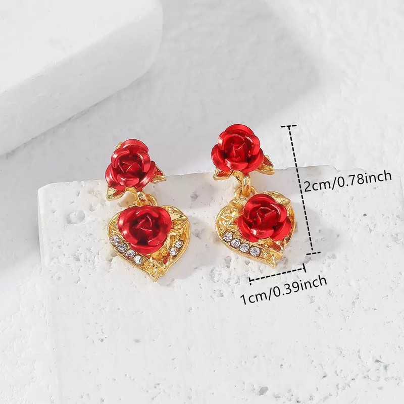 Rose Heart Dangle Earrings, Gold Tone with Red Rose and