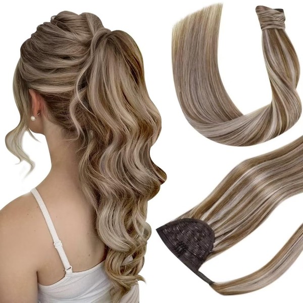 Hetto Real Hair Braid Extensions, Blonde with Brown Real Hair Braid Extension, Ash Brown with Platinum Blonde Ponytail Extensions, Remy Real Hair, Wrap Around 55 cm 10/613 100 g