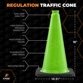 18” Lime Green Traffic Cone - 1 Pack - Premium PVC Safety Cone for Parking, Caution, Construction, Road Crews, Emergency Vehicle - MUTCD Compliant - Xpose Safety