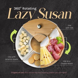 Premium Bamboo Chip and Dip Serving Set 5-Container Spinning Lazy Susan with Ceramic Bowls - Chips and Dip Serving Dish, Dip Serving Tray, Veggie Platter, Chip and Dip Bowl, Appetizer Serving Tray