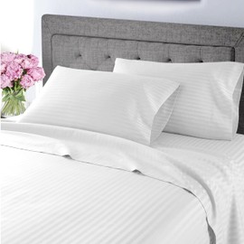 My-100%-Certified-Giza-Cotton-Pillow-Sheet, Giza Egyptian Sheet Set Cal-King Size, Soft Sateen Weave, Breathable Fabric, Fits Upto 12-Inch Deep Pocket - California King, White Stripe