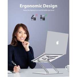 JCZT Adjustable Laptop Stand for Desk, Portable Laptop Riser, Aluminum Laptop Stand Foldable, Ergonomic Computer Notebook Stand Holder for MacBook Air Pro, Dell, HP 10-16'', Silver