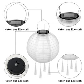 TOKIISHE Pack of 2 Outdoor Lanterns, Weatherproof, White, Solar LED Paper Lantern, Diameter 25 cm with 4 Tassels, Hanging Waterproof Nylon Garden Lantern