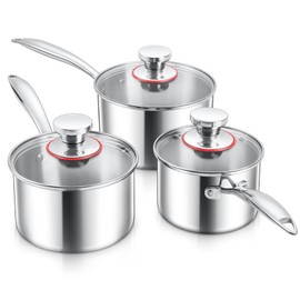 1/2/3QT Saucepan with Lid Set of 3, E-far 18/10 Stainless Steel Sauce Pan Pot Metal Triply Cookware for Kitchen Cooking Pasta Warming Milk Boiling Water, Induction Ready & Heavy Duty