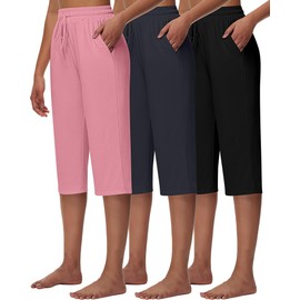 Huukeay 3 Pack Women's Capri Sweatpants, Cozy Lounge Drawstring Capris with Pockets Wide Legs Jogger Workout Yoga Pants(Black, Dark Gray, Pink, Medium)