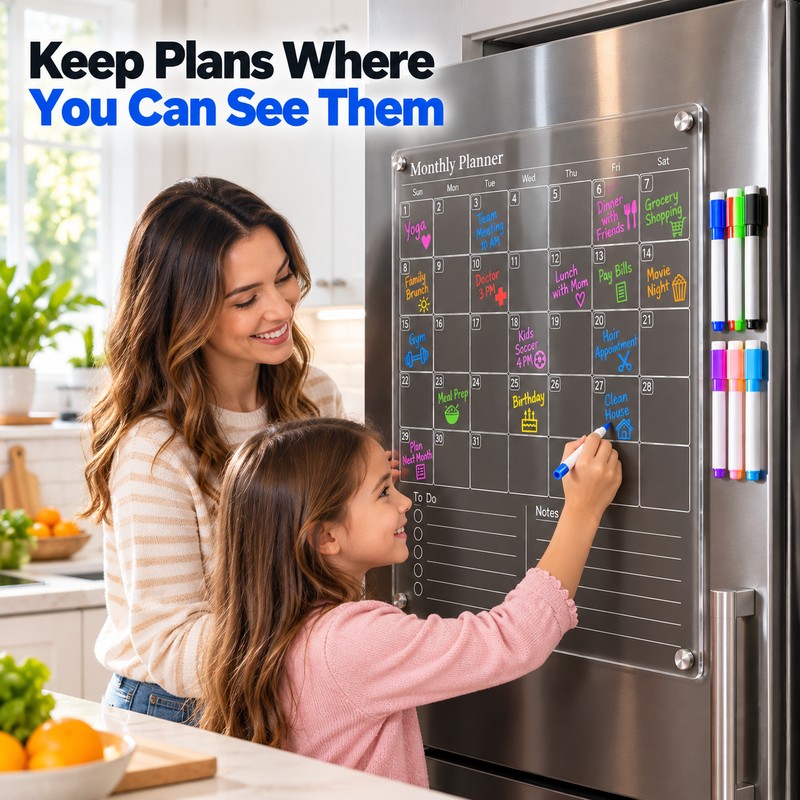 Clear Acrylic Monthly Planner for Refrigerator – Reusable Dry Erase