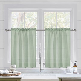 DWCN Short Kitchen Curtains,Faux Linen Half Window Sheer Curtains Rod Pocket Small Voile for Bathroom Basement Cafe Drapes Light Filtering 2 Panels,Bean Green,W36 x L36