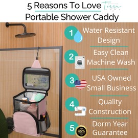 TERRA HOME College Dorm Room Essentials for Girls - Original Shower Caddy Dorm - Portable, Durable, Roomy, Foldable Water Resistant Shower Bag in Light Pink with Metal Hook for Hanging (Blush Pink)