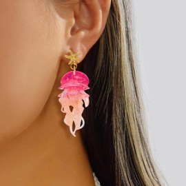Acrylic Jellyfish Earrings for Women Gold Starfish Stud Ocean Jellyfish Weird Earrings Summer Beach Boho Statement Jewelry (Purple and Orange)