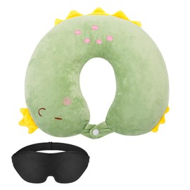 AYSYR Travel Pillow, Green Neck Pillow Children with Sleep Eye Mask, Cartoon Animal Neck Support, Travel Pillow, Green Dinosaur Neck Pillow, Adults, Children, for Car, Aeroplane, 30 x 30 cm
