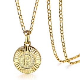 Trendsmax Initial Necklace Women Girl,Gold Plated Round Letter P Pendant Necklace Capital Monogram Necklace Figaro Chain Necklace