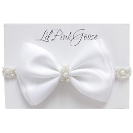 LilPinkGoose 0-12 Newborn Baby Baptism Pearl Headband with Bow in WHITE Christening Headband with Satin Bow, Pearl Rhinestone Band (White,3-6Months)