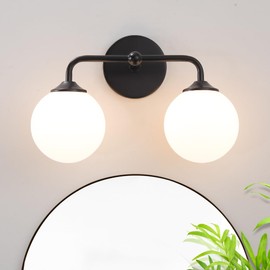 Industrial Matte Black 2-Lights Bathroom Light Fixtures, Vanity Wall Sconce Lighting with Milky White Glass Shade, Modern Bathroom Vanity Lighting, Wall Sconces over Mirror Dressing Table Bedroom