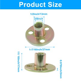 Hordion 24Pcs 3/8"-16 Carbon Steel T Nuts, Round Base Plate Nut, Furniture Hardware Flange Insert Female Thread