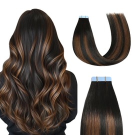 Sunya Tape in Hair Extensions Human Hair Balayage Natural Black to Chestnut Brown 14 Inch 40g/pack 20pcs Straight Seamless Skin Weft #P1B/6/T1B Tape in Hair Extensions