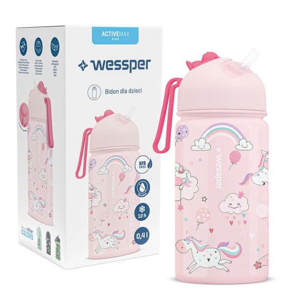Wessper Children's Drinking Bottle, Stainless Steel Bottle, 410 ml, BPA-Free, Mouthpiece with Hose, Water Bottle, Lightweight and Easy to Use, for School, Bicycle, Excursion - Unicorn Motif
