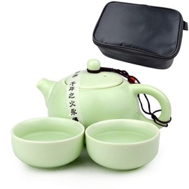 Yxhupot Teapot Travel Tea Set Chinese Ceramic White Cyan Black Portable Packaging Xishi Pot Cups(Cyan 1pot 2cups set)