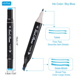 PATIKIL Dual Tip Alcohol Art Markers, 6 Pcs Black Barrel Alcohol Markers with Brush Tip and Fine Tip for Illustration Artist Adult Coloring Drawing Permanent Sketching, Sky Blue