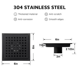 SISEHO"6-inch square floor drain pipe, 304 stainless steel bathroom/shower drain cover anti-blocking design, rust prevention, easy installation, with detachable filter screen" (6 inch Matte Black)