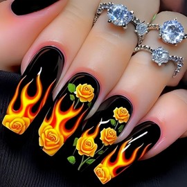 FIEONCIY Press on Nails Square Shaped Glossy Full Cover Acrylic Medium Length Square False Nails with Designs Artificial Fake Nails with Charms Glue ons Fingernails for Women Girls(Y813)