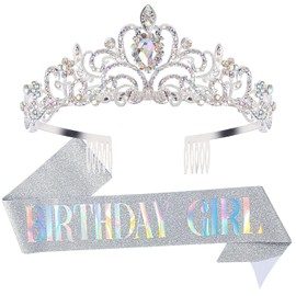 Leixi Birthday Girl Sash & Rhinestone Tiara Set,Birthday Sash and Tiara for Women Birthday Decoration Kit Rhinestone Headband for Girl Glitter Crystal Hair Accessories (Sliver)