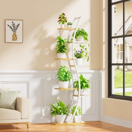 MJOMKN Plant Stand Indoor with Grow Lights - 7 Tiered Tall Metal Plant Shelf - Corner Wooden Plant Stand for Indoor Plants Multiple, Large S-Shape Flower Rack Holder for Living Room, Garden, Patio Decor, 62"