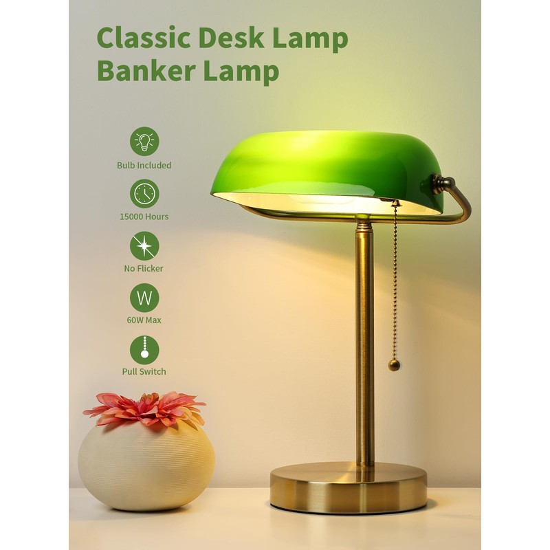 Newrays Traditional Green Glass Bankers Desk Lamp with Pull Chain