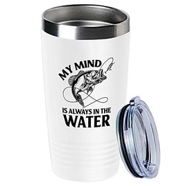 Fishing White Viking Tumbler 20oz - My Mind Is Always - Fish Lovers Catching Fishes Ocean Freshwater Arowana Lionfish Hunting Rod Grandpa Dad