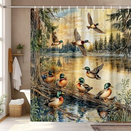 Xioistiy Rustic Duck Shower Curtain, Country Outdoor Cabin Lodge Wildlife Hunting Shower Curtains Set for Bathroom Farmhouse Decorative with Hooks, Natural Lake Scenery Camper Curtain 72X72 Inch
