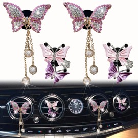 4 Pcs Pink Bling Butterfly Car Air Fresheners Vent Clips Diffuser Vent Clip Rhinestone Diamond Decoration Car Interior Decor Cute Accessories for Women, Automotive Air Fresheners（2 styles）