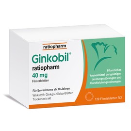 Ginkobil ratiopharm 40 mg Film-Coated Tablets Strengthen Memory and Concentration Performance* with Ginkgo Biloba Extract, 120 Film-Coated Tablets