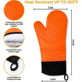 Chrider Silicone Non Slip Heat Resistant Waterproof Oven Mitts Set Cooking Gloves Orange