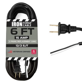 Iron Forge Cable 12 Gauge Replacement Power Cord with Open End - 6 ft, 2 Wire Black Extension Cable, 2 Prong Power Cord for Appliances, Motors or Tools - 12/2 SJT